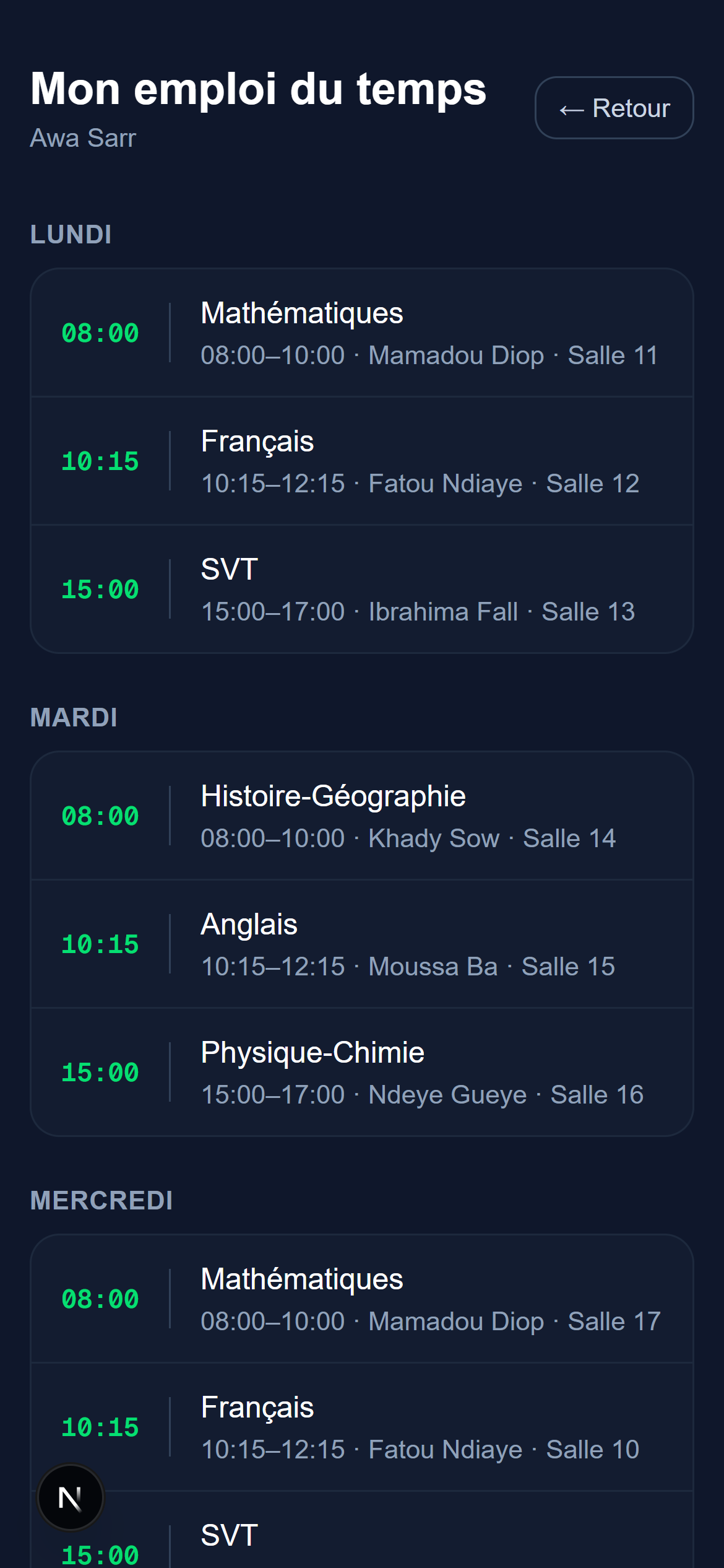 Emploi du temps Jang